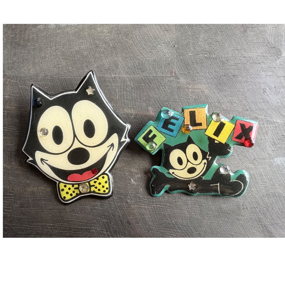 Vintage D.F. & D. Felix the Cat Brooch Pin Set Rhinestone Copper Tone Resin